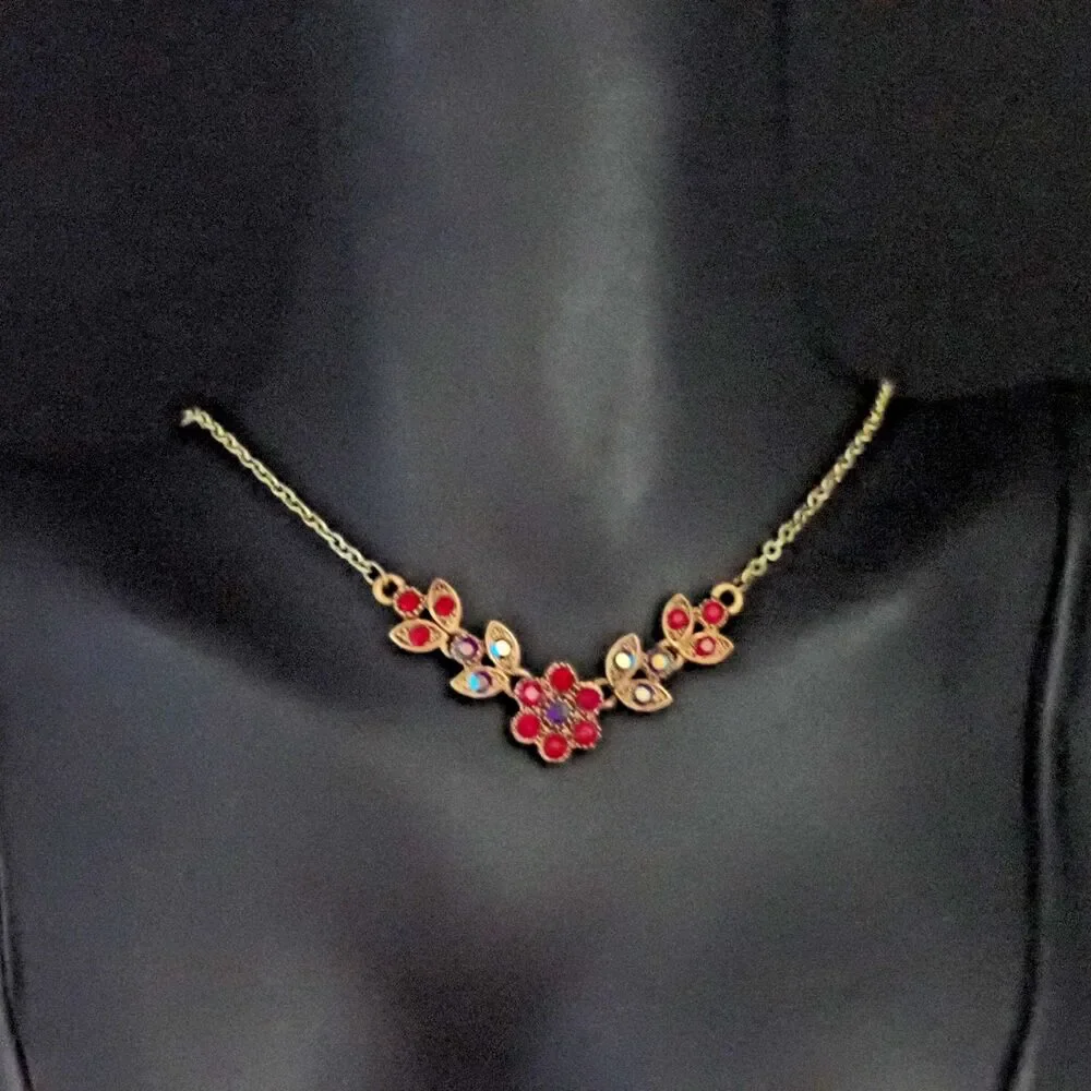 Dainty Red & Aurora Borealis AB Rhinestone Flower Gold Tone Chain Link Necklace